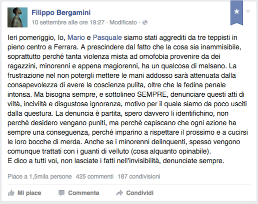 Ferrara: aggressione omofoba, la denuncia su Facebook - aggressione ferrara - Gay.it Archivio