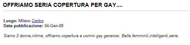 Due ragazze si offrono come copertura per gay - annunciocoperutraBASE - Gay.it Archivio
