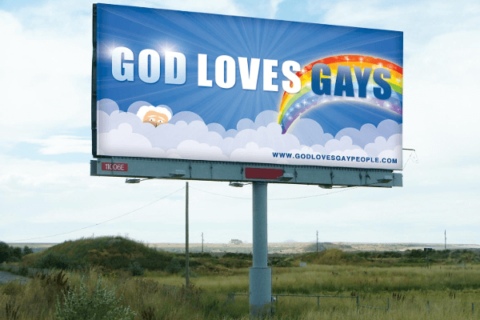 "Dio odia i froci"? No, li ama e fa pubblicità - cartellone dio gay b 1 - Gay.it Archivio