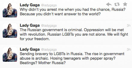 Lady Gaga attacca: "Combatteremo per i gay russi" - gagarussiaF1 - Gay.it Archivio